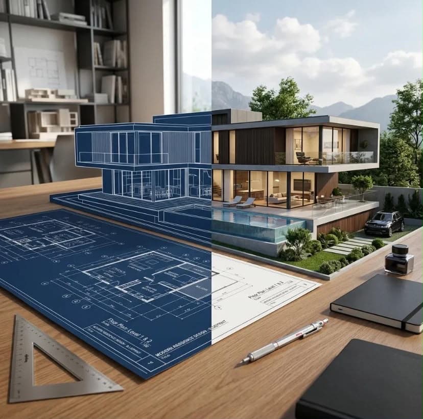 Mavi mimari çizimden tamamlanmış modern villaya dönüşen proje